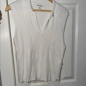 Calvin Klein White Ribbed V-Neck Polo Tank
